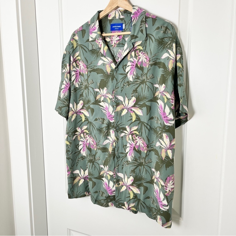NWT Jack & Jones Green & Pink Floral Hawaiian Button-Down Shirt - Large - Picture 7 of 16